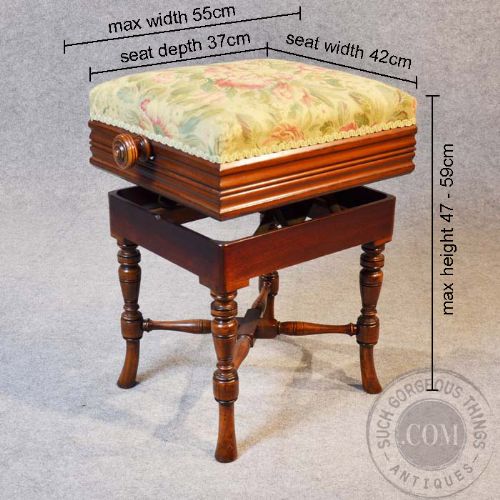 fig 1. Antique Piano Music Dressing Stool Mahogany Height Adjust Seat Scottish c1860