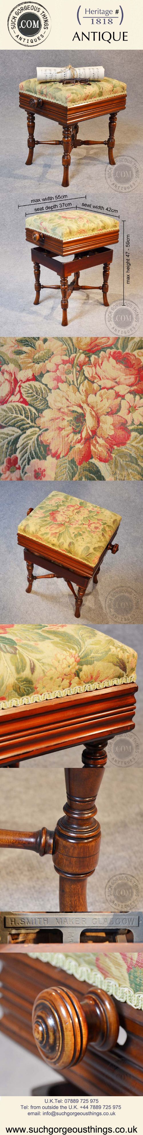 fig 4. Antique Piano Music Dressing Stool Mahogany Height Adjust Seat Scottish c1860
