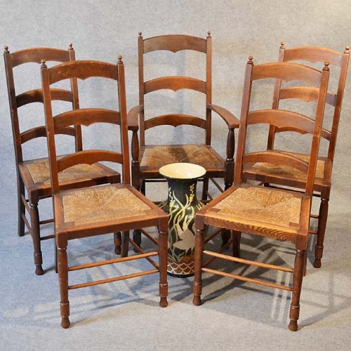Antique 5 Five Quality Oak Kitchen Dining Ladder Back Chairs with Carver C1890