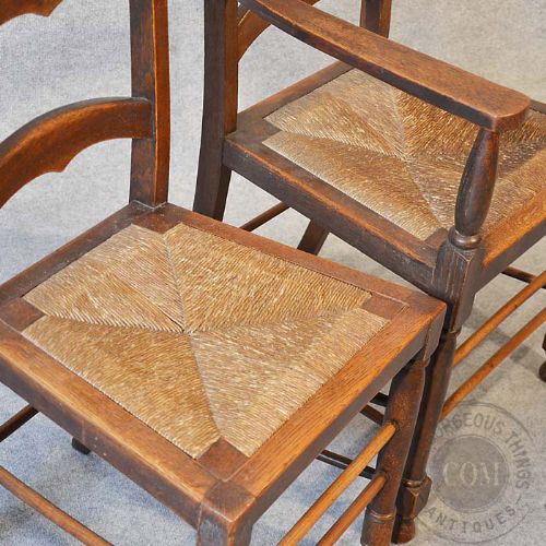 fig 2. Antique 5 Five Quality Oak Kitchen Dining Ladder Back Chairs With Carver c1890