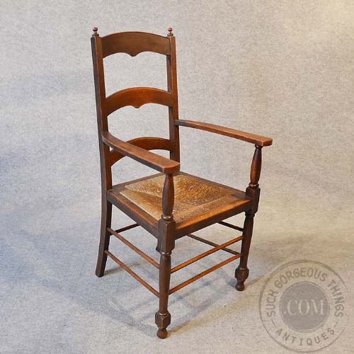 fig 3. Antique 5 Five Quality Oak Kitchen Dining Ladder Back Chairs With Carver c1890