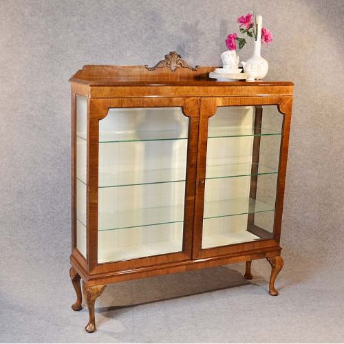 Antique Art Deco Glazed Bookcase Display Case China Cabinet Walnut London C1935