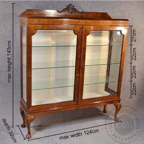 fig 1. Antique Art Deco Glazed Bookcase Display Case China Cabinet Walnut London c1935