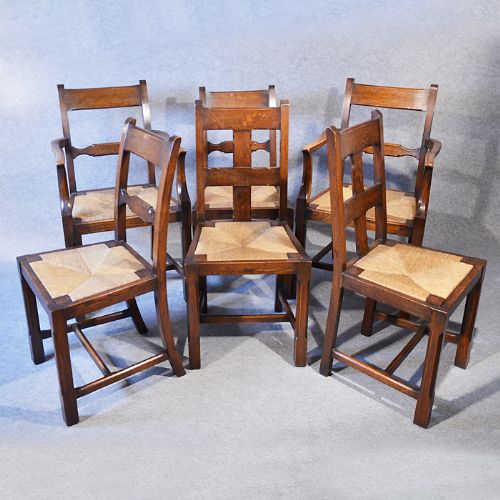 Antique Set 6 Six Quality Oak Kitchen Dining Edwardian Chairs with Carvers C1910
