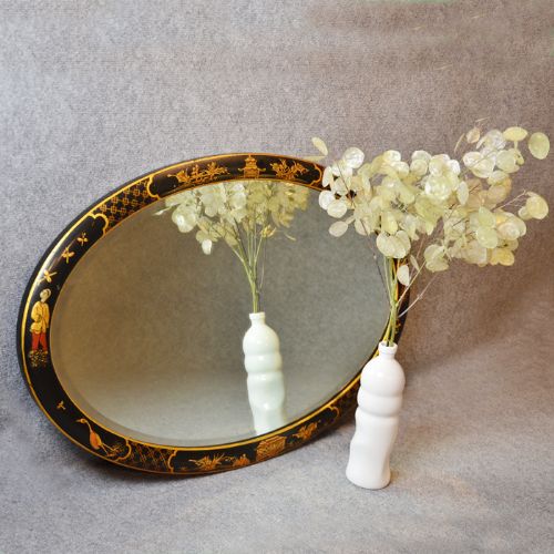 Antique Wall Mirror Oval Victorian Period Oriental Beveled Looking Glass C1900