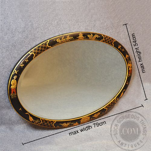 fig 1. Antique Wall Mirror Oval Victorian Period Oriental Beveled Looking Glass c1900
