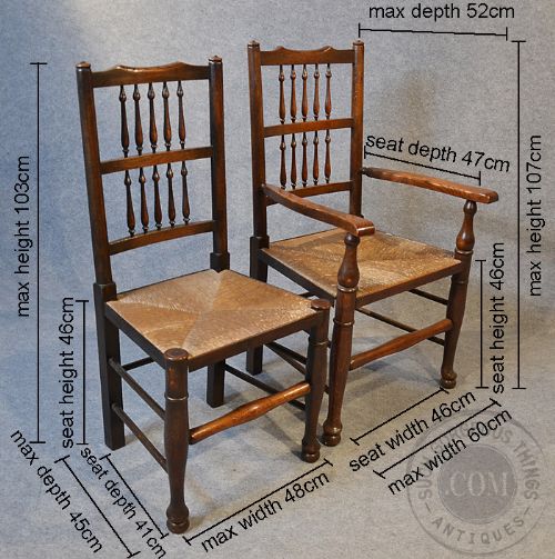fig 1. Antique Set 8 Oak Kitchen Dining Chairs Northern Spindle Back Rush Seats c1890