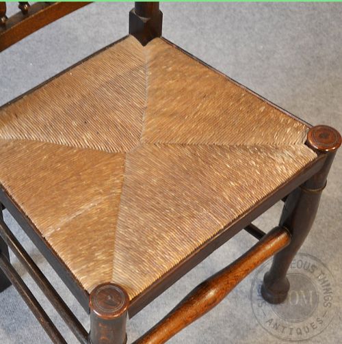 fig 3. Antique Set 8 Oak Kitchen Dining Chairs Northern Spindle Back Rush Seats c1890