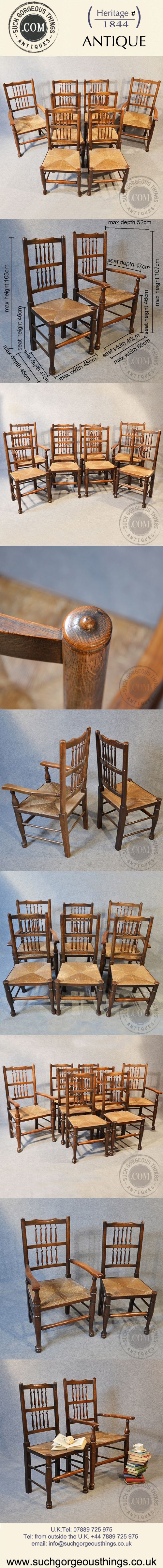 fig 4. Antique Set 8 Oak Kitchen Dining Chairs Northern Spindle Back Rush Seats c1890