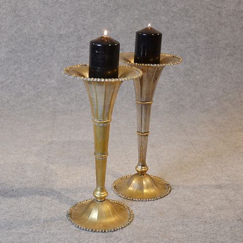 Art Nouveau Large Candle Sticks Antique Fluted Vase Pair Silver Plated W&h C1900