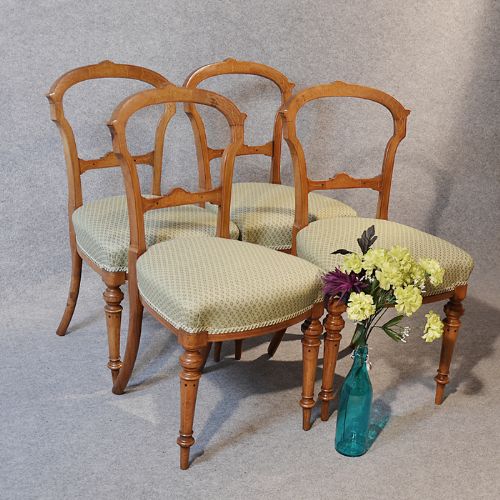 Antique Set 4 Four Walnut Balloon Back Dining Chairs with Fine Burr Inlay C1870