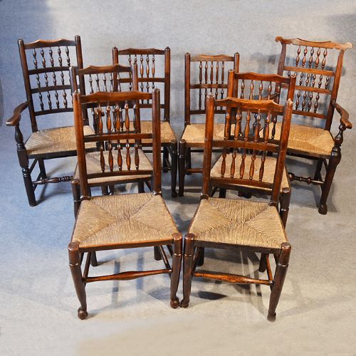 Antique Set 8 Country Chairs Northern Spindle Back Rush Seats Ash Oak Elm C1790