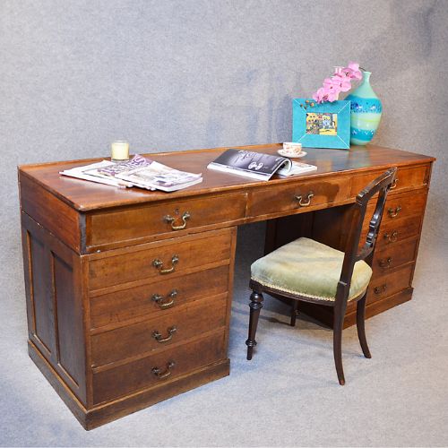 Antique Oak Twin Pedestal English Writing Desk Estate Table C1900