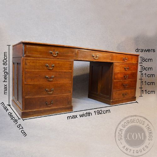 fig 1. Antique Oak Twin Pedestal English Writing Desk Estate Table c1900