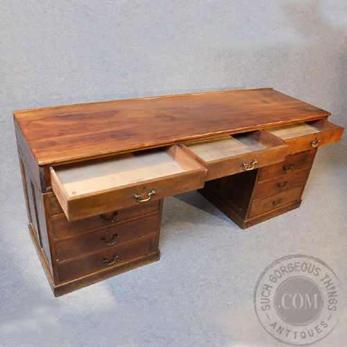 fig 2. Antique Oak Twin Pedestal English Writing Desk Estate Table c1900