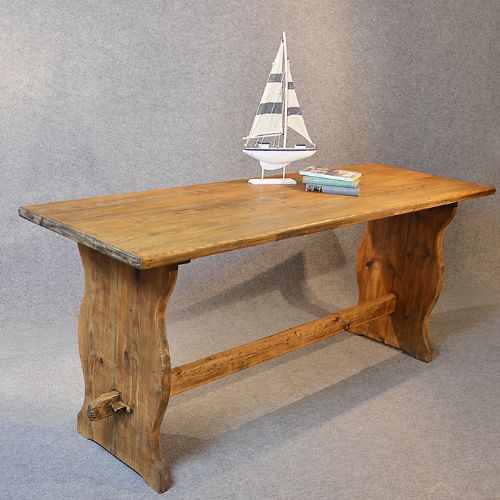 Antique Victorian Pine Kitchen Dining Table Narrow Refectory Stretcher C1900