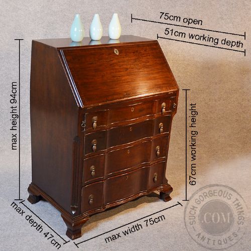fig 1. Antique Edwardian Writing Desk Bureau Serpentine Front Quality Interior c1910