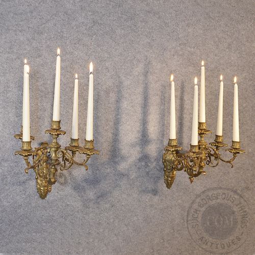 fig 3. Antique French Wall Sconce Candelabra Pair Ornate Candle Sticks Gilt Metal c1900