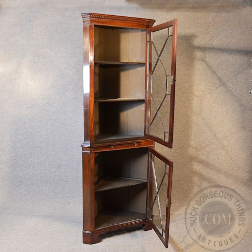 fig 2. Antique Tall Corner Cupboard Display Cabinet Victorian Mahogany English c1900