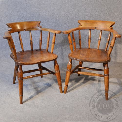 fig 2. Antique Pair of Windsor Smokers Bow Armchair Country Elm Captains Chair c1880