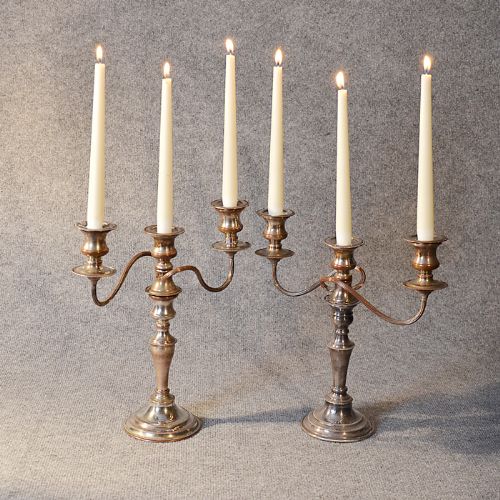 Antique Candelabra Edwardian Pair of Silver Plated Triple Candle Sticks C1910
