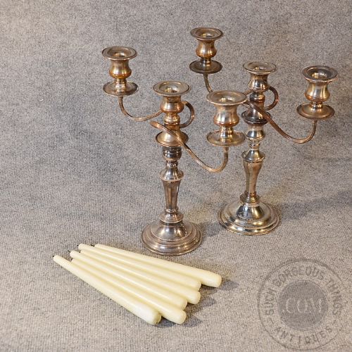 fig 2. Antique Candelabra Edwardian Pair of Silver Plated Triple Candle Sticks c1910