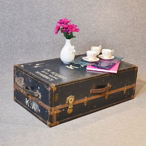 Vintage Coffee Table Shipping Trunk Travel Case Steamer Luggage Edwardian C1910