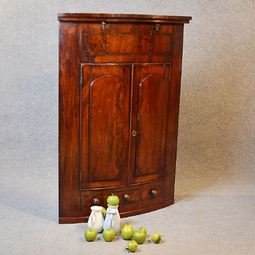 Antique Bow Front Large Corner Cupboard Wall Hanging Cabinet English C1800