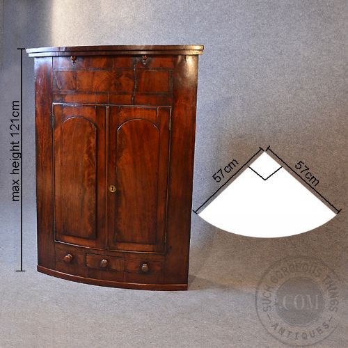 fig 1. Antique Bow Front Large Corner Cupboard Wall Hanging Cabinet English c1800