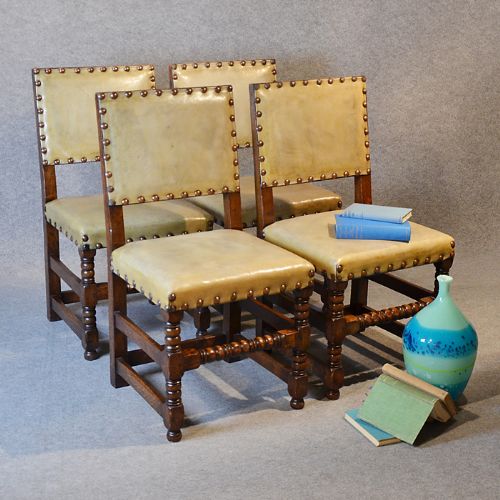 Antique Set 4 Four Oak & Leather Dining Chairs Quality English Edwardian C1910