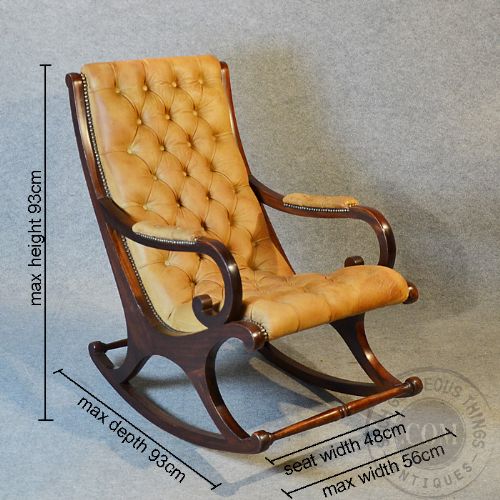 fig 1. Antique Leather Rocking Study Chair Lounger Armchair Mahogany English c1900