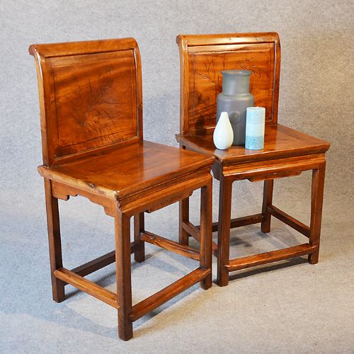 Antique Chinese Pair of Side Chairs Oriental Dining Seats Asian Elm C1900