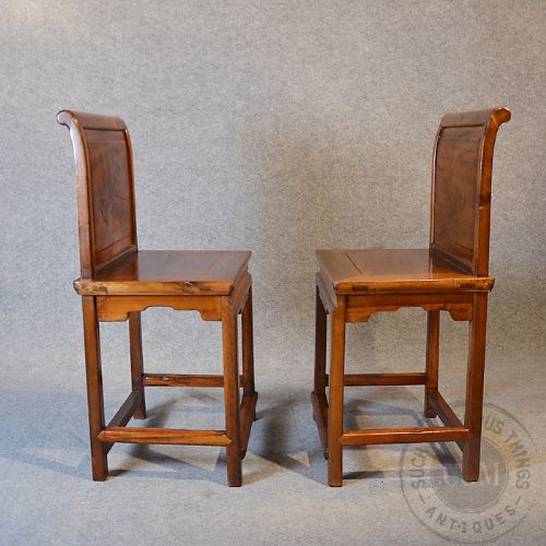 fig 2. Antique Chinese Pair of Side Chairs Oriental Dining Seats Asian Elm c1900
