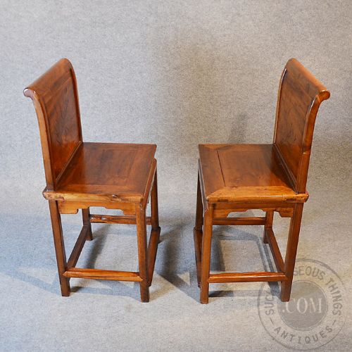 fig 3. Antique Chinese Pair of Side Chairs Oriental Dining Seats Asian Elm c1900
