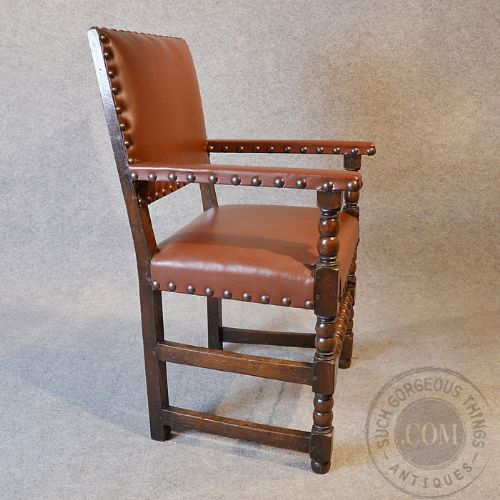 fig 3. Antique Quality Oak & Leather Office Study Chair Desk Armchair Carver Seat c1910