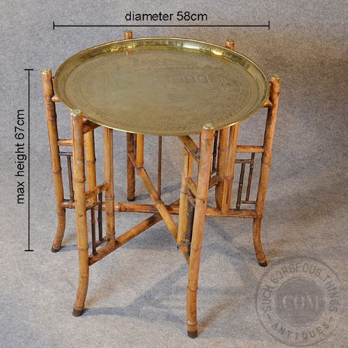 fig 1. Antique Berber Benares Brass Tray Lamp Table Quality Bamboo Folding Stand c1880