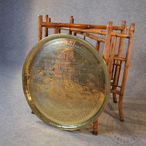 fig 6. Antique Berber Benares Brass Tray Lamp Table Quality Bamboo Folding Stand c1880