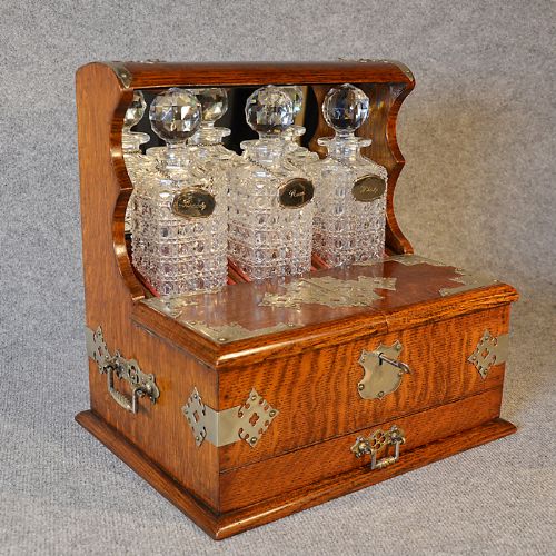 Antique Tantalus Oak Triple Decanter Fine Quality English Victorian C1880