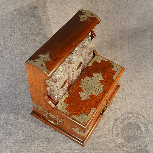 fig 3. Antique Tantalus Oak Triple Decanter Fine Quality English Victorian c1880