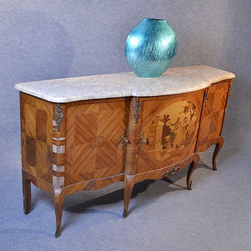French Sideboard Dresser Art Deco Marble Top Walnut Breakfront Cabinet C1930