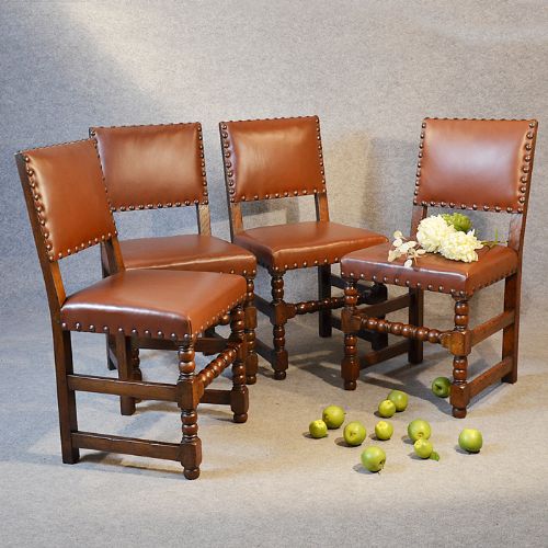 Antique Set 4 Four Oak & Leather Dining Chairs Quality English Edwardian C1910