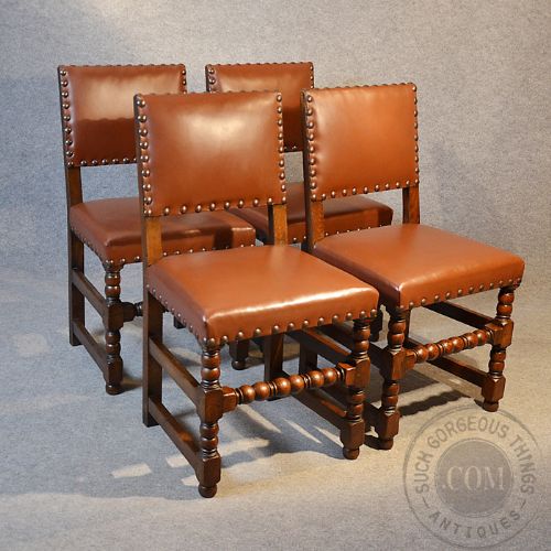 fig 2. Antique Set 4 Four Oak & Leather Dining Chairs Quality English Edwardian c1910