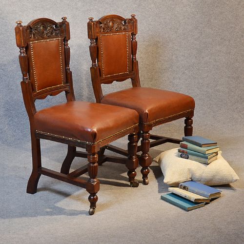 Antique Pair Leather Hall Side Dining Chairs Mahogany Edwardian English C1910