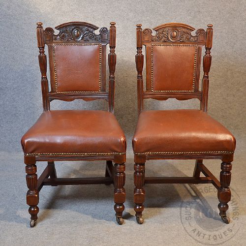 fig 2. Antique Pair Leather Hall Side Dining Chairs Mahogany Edwardian English c1910