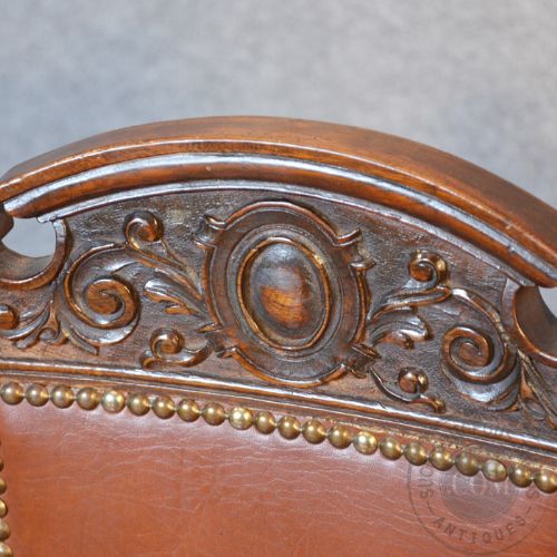 fig 3. Antique Pair Leather Hall Side Dining Chairs Mahogany Edwardian English c1910