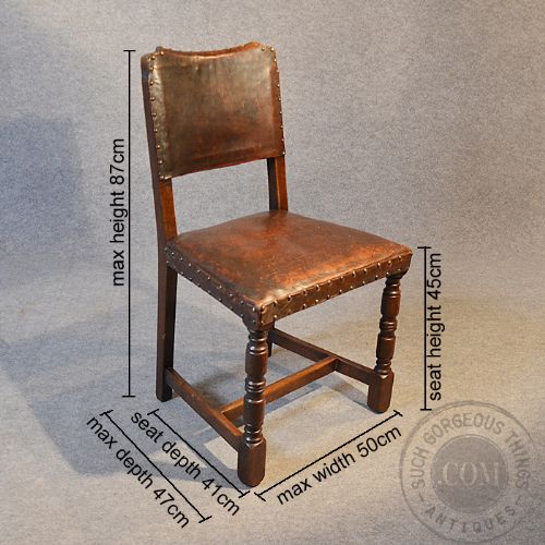 fig 1. Antique Set 4 Four Oak & Leather Dining Chairs Cromwellian Revival English c1900