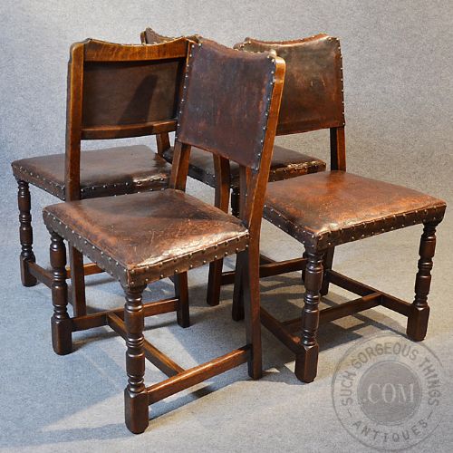 fig 2. Antique Set 4 Four Oak & Leather Dining Chairs Cromwellian Revival English c1900