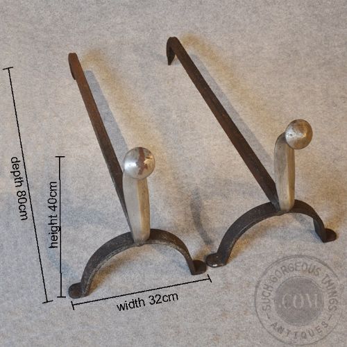 fig 1. Antique Pair Fire Dogs Andirons Hand-forged Grate Rests French Cast Iron c1800