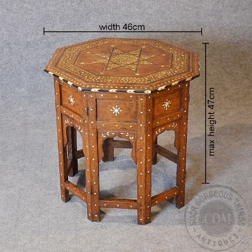 fig 1. Antique Side Table Moorish Inlaid Octagonal On Folding Stand c1900