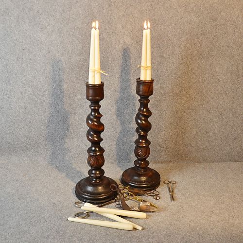 Antique Oak Barley Twist Pair of Large Church Candle Sticks Victorian C1900